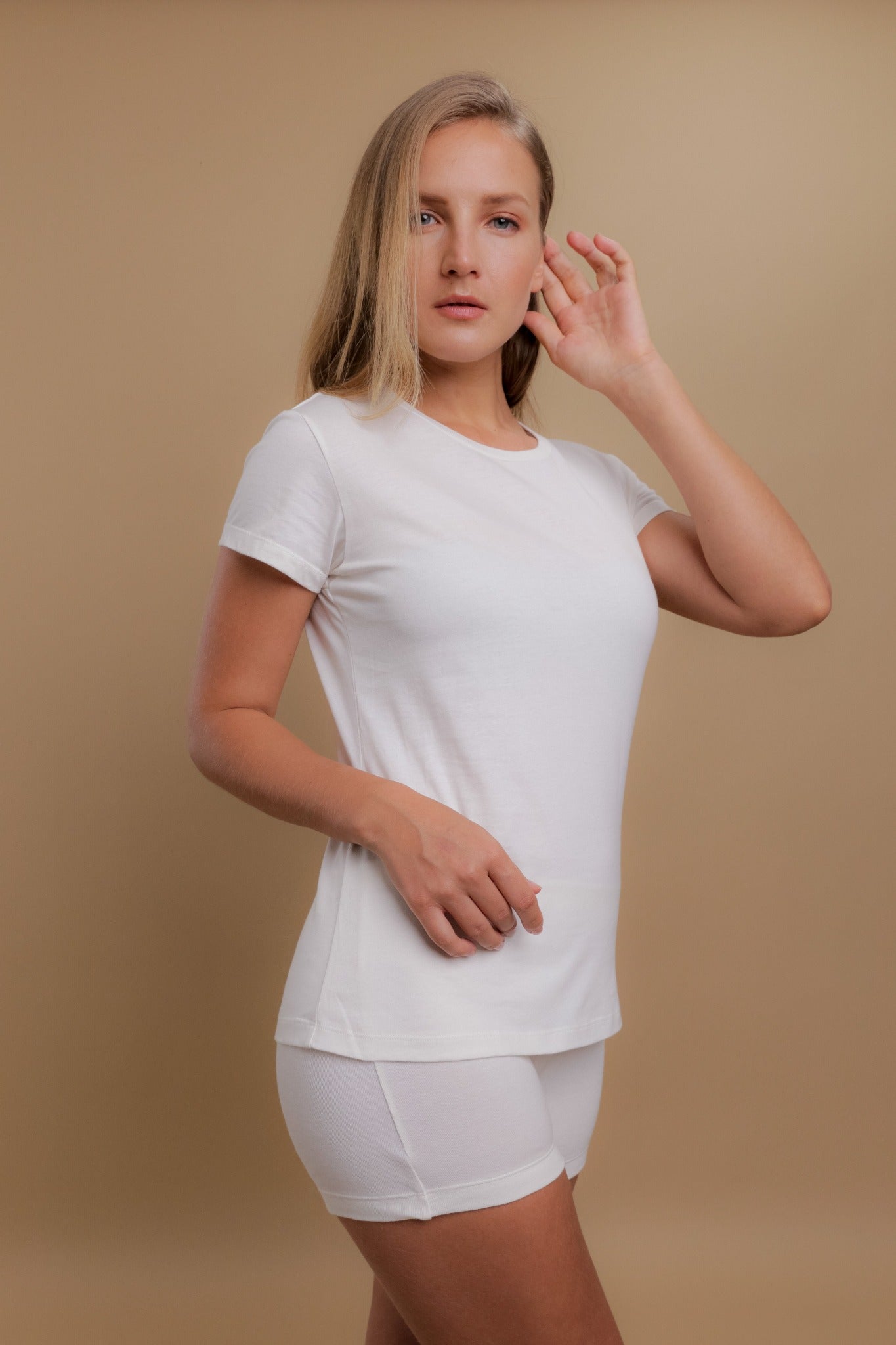 Hypoallergenic Women's Round Neck Cap Sleeve Shirt ( Natural